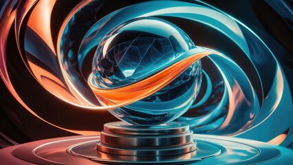 Poster - Elegant Modern 3D Rendering of Blue and Orange Crystal Sphere with Refraction and Reflection Abstract Background High-Quality Illustration