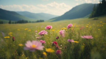 Wall Mural - Colorful flowers on green meadow in the mountains