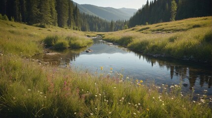 Wall Mural - Landscape summer wild river in the mountains