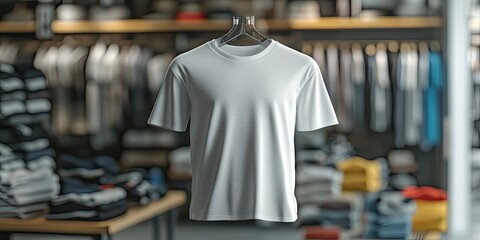 A white t-shirt on a hanger in a clothing store, with a blurred background of other shirts and clothes.