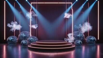 Poster - Empty dark stage podium with neon spotlights and floating smoke on a transparent background, ideal for product showcases.