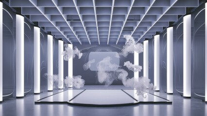 Poster - Empty stage with directional white lighting on a transparent background, featuring floating smoke for product demonstrations.
