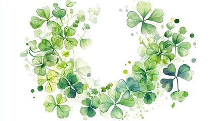 Poster - Watercolor illustration of a wreath composed of green clover and dotted accents