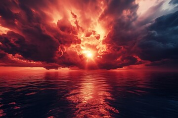 Canvas Print - A dramatic sunset over the ocean, with vibrant colors illuminating the clouds and reflecting on the water.