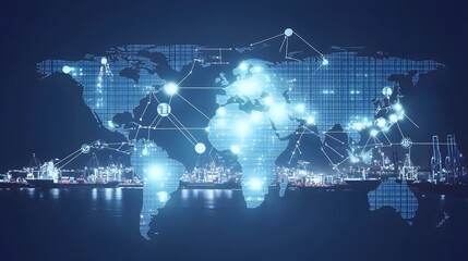Poster - A digital map of the world with glowing points showing global connectivity.