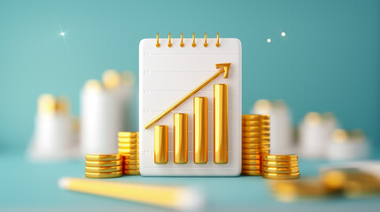 Poster - A notepad with a rising graph is prominently featured, symbolizing financial growth. Surrounding it are glimmering stacks of gold coins, creating a sense of prosperity