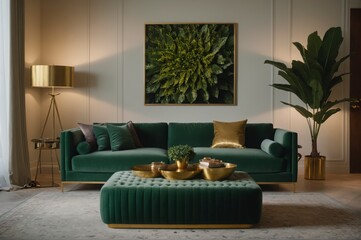 Wall Mural - A living room with a green couch, a green ottoman, and a green coffee table