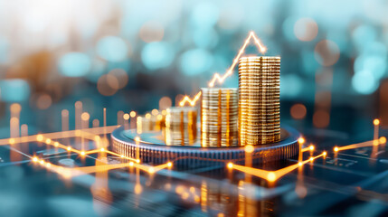 Poster - Stacks of coins are arranged on a reflective surface, showcasing financial growth alongside an upward-trending graph. The background is softly blurred, adding a professional touch