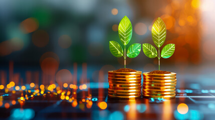 Poster - Two small green plants sprout from stacks of golden coins, symbolizing growth and investment. The backdrop features a blurred financial chart, illuminated by warm evening light