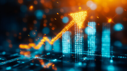 Poster - The visual demonstrates a vibrant upward trend in a financial chart, featuring glowing blue and orange elements, representing data analytics and market growth