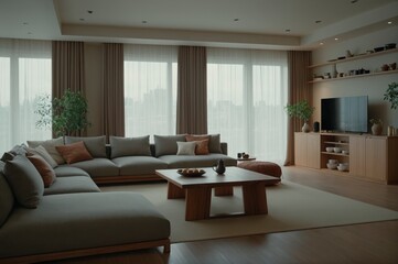 Wall Mural - A living room with a large sectional couch, a coffee table, and a TV