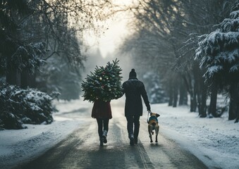 Two happy people walking through a forest with a Christmas tree