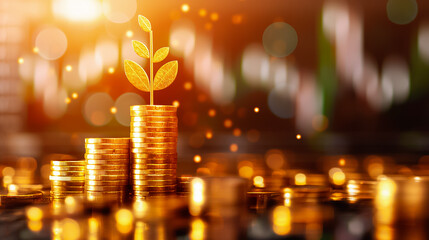 Poster - Stacks of golden coins rest on a surface, with a small green plant emerging from the top stack, symbolizing growth, prosperity, and investment opportunities illuminated by soft light