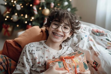 In front of a Christmas tree, a happy boy with braces shows excitement as he reads a book