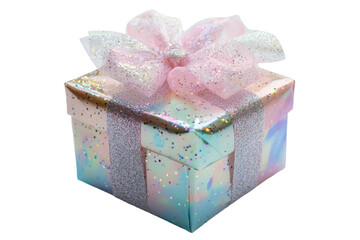 Wall Mural - A beautifully wrapped gift box featuring a pastel bow and sparkly accents, ideal for birthdays and holiday celebrations. Transparent background PNG