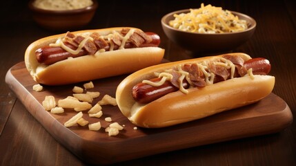 Close-up of Two Savory Hot Dogs with Crispy Onions and Mustard