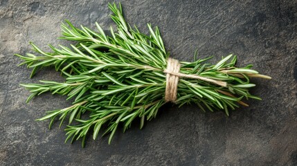 Wall Mural - Fresh Rosemary Sprigs Tied with Twine on a Dark Background