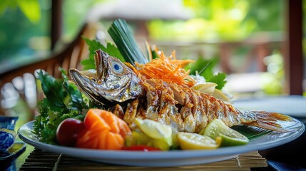 Detailed close-up of a plate with fried mackerel and fresh vegetables, set against a Thai-style house backdrop, highlighting the textures and presentation, no people.