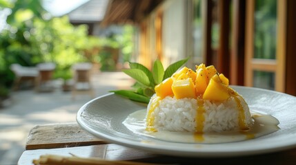 Wall Mural - Detailed close-up of mango sticky rice drizzled with coconut milk on a plate, with a Thai house in the background, showcasing the dishas richness, no people.