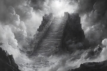 Poster - A dramatic staircase leads to a mysterious, cloud-filled realm, evoking a sense of adventure and exploration.