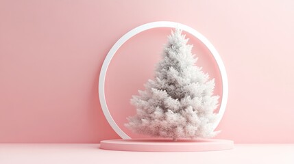 Poster - 3D rendering of a minimalist design featuring a soft fluffy coniferous tree with a white crown set against a light pink background enclosed within a circular white frame Environmental theme