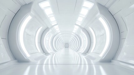 Poster - 3D rendering of a white abstract sci fi tunnel featuring a futuristic spaceship corridor