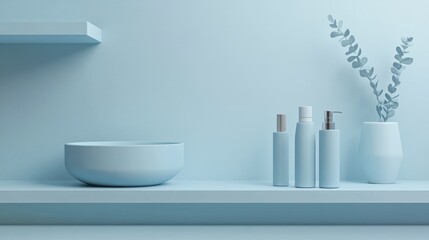 Poster - 3D rendering of an empty product display background for cosmetic creams featuring a contemporary blue pastel podium setup