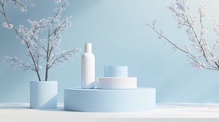 Poster - 3D rendering of an empty product display background for cosmetic creams featuring a contemporary blue pastel podium setup