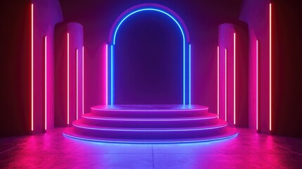 Poster - Abstract Background Featuring an Empty Stage Illuminated by Neon Lights