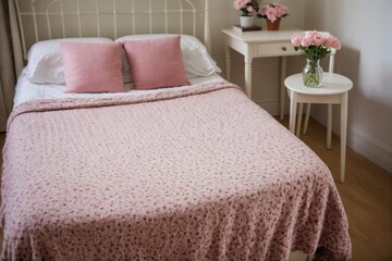 Wall Mural - A bed with a pink blanket and pink pillows