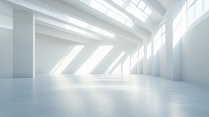 Poster - Abstract empty interior scene featuring a white room with beams and gentle lighting Created using digital 3D rendering and computer graphics