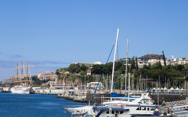 View of the seaport and city on a summer day. Funchal. Madeira. Portugal.