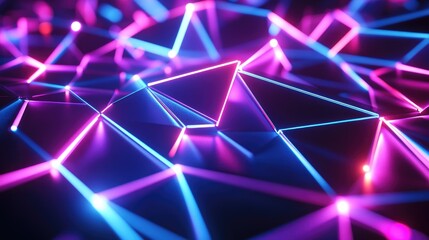 Poster - Abstract geometric neon background in 3D render showcasing future network technology concepts with dynamic glowing lines in a dark setting Ideal for modern wallpaper use