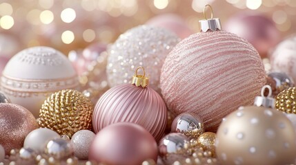 A luxurious pastel pink and gold Christmas background decorated with seasonal decorations.