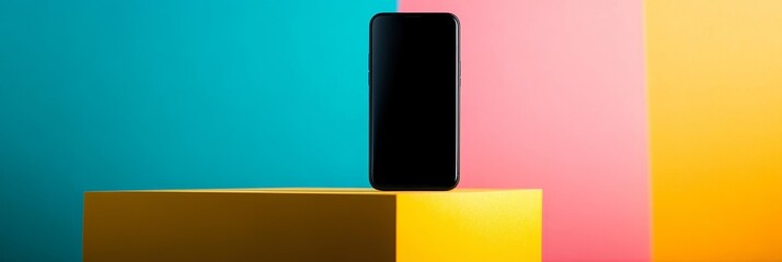 Poster - A black smartphone rests on a geometric yellow pedestal, set against a vibrant backdrop of blue, pink, and yellow. The composition symbolizes technology, innovation, and visual appeal, evoking a moder