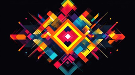 Poster - Captivating and intricate geometric abstract design in vibrant colors layered over a simple black background perfect for stylish wallpapers and contemporary backgrounds