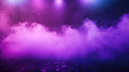 Poster - Dark stage with purple smoke and neon sparkles creating an abstract atmosphere