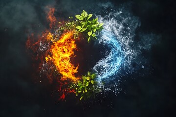 Poster - A vibrant representation of the elements fire, water, and nature, symbolizing balance and harmony.