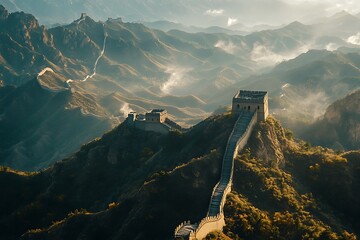 Sticker - A breathtaking view of the Great Wall of China winding through mountainous terrain under a dramatic sky.