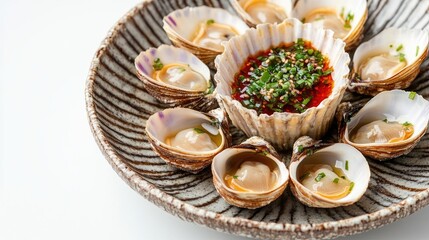 Detailed shot of steamed cockles served with dipping sauce, showcasing their freshness and rich texture on a minimalist white background, no people.