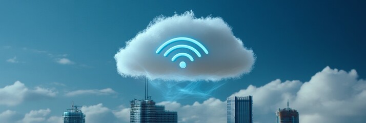 Sticker - A cloud with a glowing WiFi symbol, representing the interconnectedness of technology and the accessibility of information in a modern urban environment.