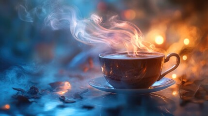 Canvas Print - A Steaming Cup of Coffee with Blurred Background Lights