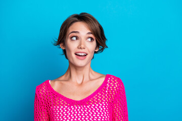 Sticker - Photo of funky dreamy lady dressed knitted pink shirt looking empty space isolated blue color background