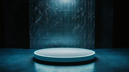 Poster - A futuristic circular platform with a sleek blue glow. The platform is set against a textured concrete wall, creating a dramatic and modern backdrop. The light source is not visible but creates a sens