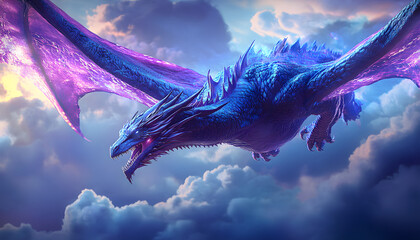 A dragon with a blue head and purple tail is flying through the sky