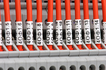 Wall Mural - Connecting electrical modules using insulated wires in an electrical distribution cabinet. Close-up.