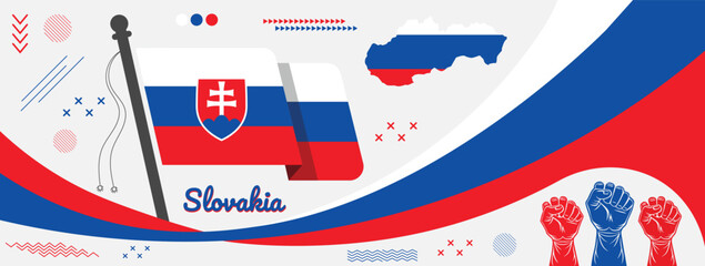 Slovakia national day banner with Slovak flag colors theme background and geometric abstract retro modern red white blue design. Slovakia Bratislava map. Slovensko Central Europe Vector Illustration.