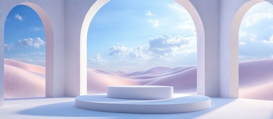 Poster - 3D render of an abstract surreal pastel landscape featuring arches and a podium for product display with a panoramic view of a colorful dune scene ample copy space and a blue sky with clouds embody