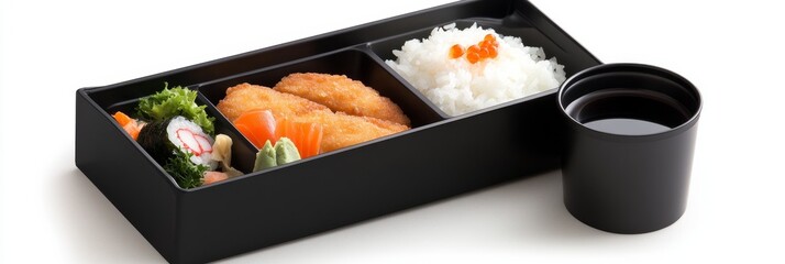 A Japanese bento box filled with a variety of delicious foods. The box includes a crispy cutlet, a piece of sushi, a side of rice, and a small cup of soy sauce. The bento box is a perfect example of J