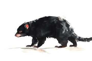 Wall Mural - A watercolor illustration of a black marsupial resembling a Tasmanian devil, showcasing its distinctive features.